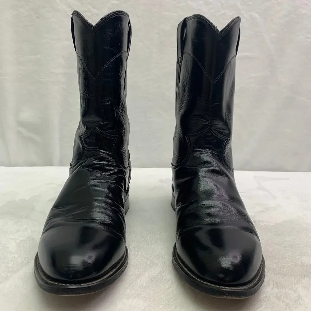 Justin Boots 3133 Mens Sz 9 Black Leather Western Roper Boots Round Toe Cowboy